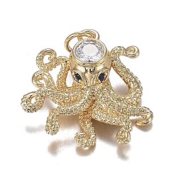 Real 18K Gold Plated Brass Micro Clear & Black Cubic Zirconia Pendants, Long-Lasting Plated, Octopus Shape, Real 18K Gold Plated, 22x21x7mm, Hole: 3.6mm