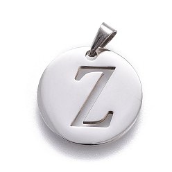 Letter Z 201 Stainless Steel Pendants, Flat Round with Letter, Stainless Steel Color, Letter.Z, 24.5x19.7x1.3mm, Hole: 4x3mm