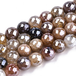 Moccasin Electroplate Natural Agate Beads Strands, Dyed, Faceted, Pearl Luster Plated, Round, Moccasin, 8.5x7~8mm, Hole: 1.2mm, about 47~48pcs/strand, 13.78 inch~13.98 inch(35cm~35.5cm)