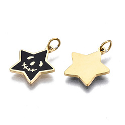 Real 14K Gold Plated 316 Surgical Stainless Steel Enamel Charms, with Jump Rings, Star, Black, Real 14K Gold Plated, 13x12x1mm, Jump Ring: 3.8x0.6mm, 2.6mm inner diameter