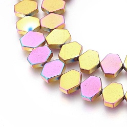 Multi-color Plated Electroplated Non-magnetic Synthetic Hematite Beads Strands, Polish, Hexagon, Multi-color Plated, 10x9x3mm, Hole: 1mm, about 45pcs/strand, 15.74 inch(40cm)