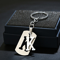 Letter K 201 porte-clés en acier inoxydable, porte-clés étiquette de chien, avec porte-clés en fer plaqué platine, rectangle avec lettre fractionnée, letter.k, 10.5 cm