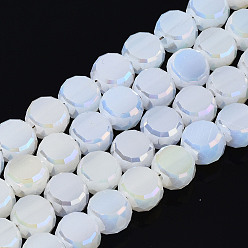 Blanc Perles en verre electroplate, de couleur plaquée ab , facette, plat rond, blanc, 5.5x6x3.5mm, Trou: 1.2mm, Environ 98~100 pcs/chapelet, 19.84~21.65 pouces (50.4cm~55cm)
