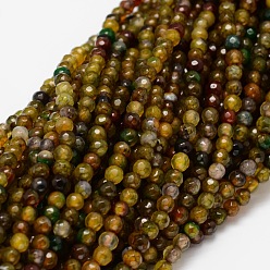 Dark Khaki Faceted Natural Agate Round Beads Strands, Dyed, Dark Khaki, 4mm, Hole: 1mm, about 92pcs/strand, 14.1 inch