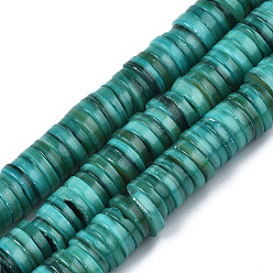 Light Sea Green Natural Freshwater Shell Beads Strands, Dyed, Heishi Beads, Flat Round/Disc, Light Sea Green, 8x1~2.5mm, Hole: 0.8mm, about 196~210pcs/strand, 15.16 inch~15.43 inch(38.5cm~39.2cm)