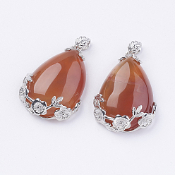 Carnelian Teardrop with Flower Platinum Plated Brass Natural Red Agate Pendants, Cadmium Free & Lead Free, 38x27x9mm, Hole: 4x7.5mm
