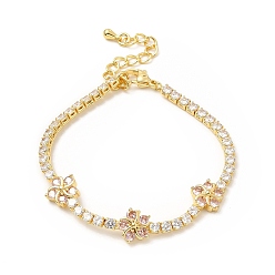Pink Cubic Zirconia Chain Bracelet, Flower Rack Plating Brass Jewelry with Chain Extender & Lobster Claw Clasps for Women, Lead Free & Cadmium Free, Long-Lasting Plated, Real 18K Gold Plated, Pink, 7-1/8 inch(18cm)