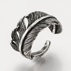 Antique Silver Adjustable Alloy Cuff Finger Rings, Wide Band Rings, Feather, Antique Silver, 18.5mm