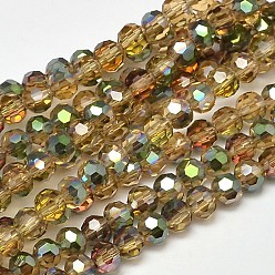 Dark Khaki Faceted(32 Facets) Round Half Rainbow Plated Electroplate Glass Beads Strands, Dark Khaki, 4mm, Hole: 1mm, about 100pcs/strand, 14.9 inch