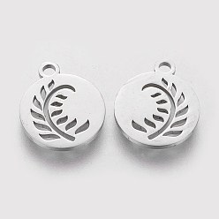 Stainless Steel Color 304 Stainless Steel Charms, Flat Round with Leaf, Stainless Steel Color, 14x12x1mm, Hole: 1.5mm