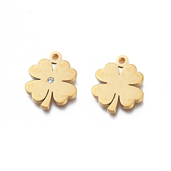 Golden Ion Plating(IP) 304 Stainless Steel Charms, Manual Polishing, with Crystal Rhinestone, Clover, Golden, 14.5x12x1.5mm, Hole: 1.8mm