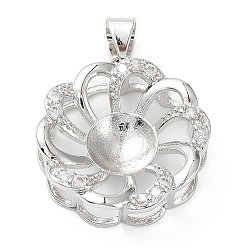 Fleur Pendentif cabochon en laiton plaqué platine, Paramètres de montage des griffes du pendentif en forme de panier de perles avec strass en cristal, fleur, Plateau: 6.4 mm, 21x19.2x8mm, Trou: 4.5x3.5mm