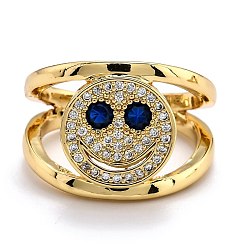 Blue Brass Micro Pave Cubic Zirconia Cuff Rings, Open Rings, Smiling Face, Real 18K Gold Plated, Blue, US Size 6, Inner Diameter: 17mm