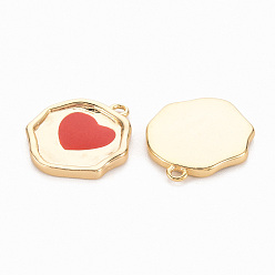 Red Brass Enamel Pendants, Nickel Free, Real 18K Gold Plated, Flat Round with Heart, Red, 17x15x2mm, Hole: 1.2mm