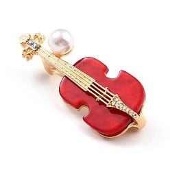 Roja Broche de aleación de violín con perla de resina, exquisito pin de solapa de instrumentos musicales para niña mujer, dorado, rojo, 49x20x13 mm, pin: 0.8 mm