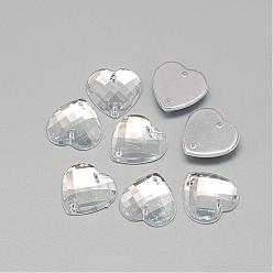 Claro Cose en el rhinestone, rhinestone acrílico transparente, dos agujeros, accesorios de la ropa, facetados, corazón, Claro, 18x18x4.5 mm, agujero: 0.8~1 mm