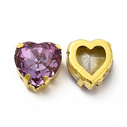 Violeta Diamantes de imitación para coser en forma de corazón, diamantes de imitación de cristal, accesorios de prendas de vestir, Enlaces multifilares, con fornituras de latón de tono de oro, violeta, 15.5x14x8 mm, agujero: 1.2 mm