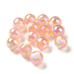 Saumon Clair Placage uv perles acryliques transparentes irisées arc-en-ciel avec émail, rond avec le mot bon, saumon clair, 17mm, Trou: 2.5mm