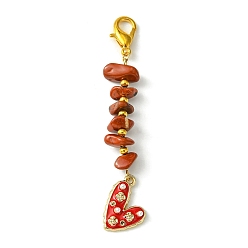 Red Jasper Heart Alloy Enamel Pendant Decorations, Natural Red Jasper Gemstone Chips and Alloy Lobster Claw Clasps Charms, 81mm