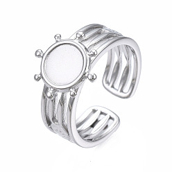 Stainless Steel Color 304 Stainless Steel Open Cuff Finger Ring Cabochon Settings, Flat Round, Stainless Steel Color, US Size 6 3/4(17.1mm), Tray: 6.5mm