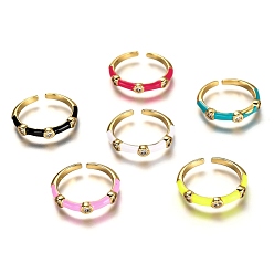 Mixed Color Brass Micro Pave Clear Cubic Zirconia Cuff Rings, Open Rings, with Enamel, Real 18K Gold Plated, Long-Lasting Plated, Mixed Color, US Size 7 1/4(17.5mm)