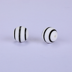 Blanco Cuentas focales de silicona redondas impresas con patrón de rayas, blanco, 15x15 mm, agujero: 2 mm