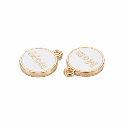 White Alloy Enamel Charms, Cadmium Free & Lead Free, Light Gold, Flat Round with Mom, White, 14.5x12x2mm, Hole: 1.4mm