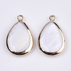 Seashell Color Natural Freshwater Shell Pendants, with Golden Plated Brass Open Back Settings, Teardrop, Seashell Color, 23x15x4mm, Hole: 1.8mm