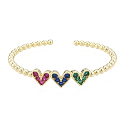 Colorful Cubic Zirconia Triple Heart Open Cuff Bangle, Real 18K Gold Plated Brass Jewelry for Women, Colorful, Inner Diameter: 1-7/8x2-1/8 inch(4.9x5.5cm)