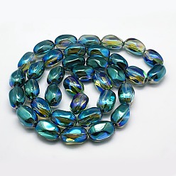 Teal Full Rainbow Plated Crystal Glass Oval Beads Strands, Teal, 21x13mm, Hole: 1mm