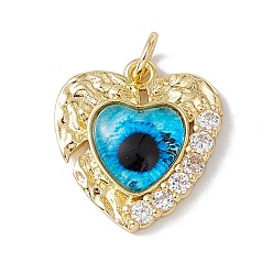 Deep Sky Blue Brass Micro Pave Clear Cubic Zirconia Pendants, with Resin and Jump Rings, Lead Free & Cadmium Free, Heart with Eye, Real 18K Gold Plated, Deep Sky Blue, 20.5x19x4.5mm, Hole: 4mm