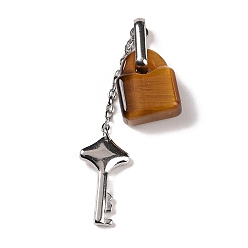 Tiger Eye Natural Tiger Eye Pendants, with Stainless Steel Color Tone 304 Stainless Steel Key & Chain, 49x12.5x7.5mm, Hole: 9.5x3.5mm, Lock: 15.5x12x6.5mm, Key: 18x10x2.5mm