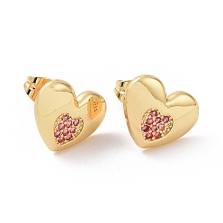 Real 18K Gold Plated Pink Cubic Zirconia Heart Stud Earrings, Brass Jewelry for Women, Real 18K Gold Plated, 11x13mm, Pin: 0.8mm