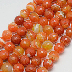 Orange Red Natural Striped Agate/Banded Agate Beads Strands, Faceted, Dyed, Round, Orange Red, 6mm, Hole: 1mm