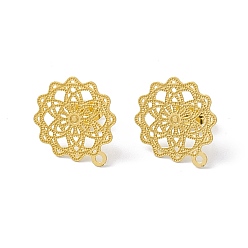 Golden 304 Stainless Steel Stud Earrings Finding, Hollow Flower, with Horizontal Loop, Golden, 17x15mm, Hole: 1.2mm, Pin: 0.85mm