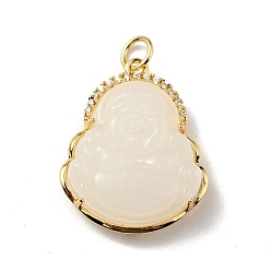 Old Lace Natural Dyed Jade Pendants, with Rack Plating Real 18K Gold Plated Brass Findings and Jump Ring, Laughing Buddha, Cadmium Free & Nickel Free & Lead Free, Old Lace, 24x19x7.5mm, Jump Ring: 5x0.7mm, Hole: 3.4mm