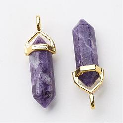 Charoite Natural Charoite Pointed Pendants, with Random Alloy Pendant Hexagon Bead Cap Bails, Golden, Bullet, 37~40x12.5x10mm, Hole: 3x4.5mm