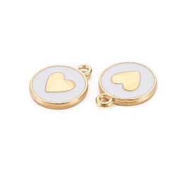 White Alloy Enamel Pendants, Cadmium Free & Lead Free, Light Gold, Flat Round with Heart, White, 16x13x2mm, Hole: 1.6mm