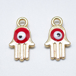 Red Light Gold Plated Alloy Charms, with Enamel, Religion, Hamsa Hand/Hand of Fatima /Hand of Miriam with Evil Eye, Red, 14.5x8x2.5mm, Hole: 1.8mm