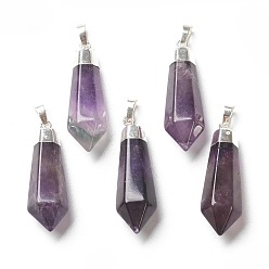 Amethyst Natural Amethyst Pendants, with Silver Brass Findings, Faceted, Bullet, 40x12x11mm, Hole: 7x5mm