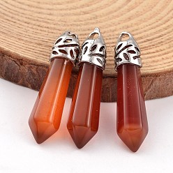 Natural Agate Dyed Bullet Natural Agate Pendants, with Platinum Tone Alloy Findings, 33~40x8~10mm, Hole: 3x2mm