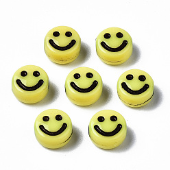 Yellow Opaque Craft Acrylic Beads, Flat Round with Smiling Face, Yellow, 7x3.5mm, Hole: 1.5mm, about 3637pcs/500g
