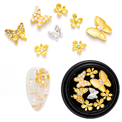 Platinum & Golden Nail Art Decoration Accessories, with Alloy, Rhinestone, Resin and  ABS Plastic Imitation Pearl Beads, Flower & Butterfly, Platinum & Golden, 9.5x11x4mm & 12.5x12x3mm & 7x7.5x2mm & 10x11x2.5mm, 8pcs/box