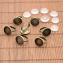 Bronze Antique Vintage composants d'anneau en laiton et cabochons de verre transparent, sans nickel, bronze antique, plateau: 16 mm, 17 mm, cabochons de verre: 15.73~16.13 mm