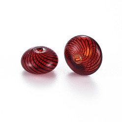 FireBrick Transparent Handmade Blown Glass Globe Beads, Stripe Pattern, Flat Round, FireBrick, 15.5~17.5x10~12mm, Hole: 1~2mm