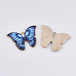 Royal Blue Printed Alloy Pendants, with Enamel, Butterfly, Light Gold, Royal Blue, 15.5x22x2mm, Hole: 1.8mm