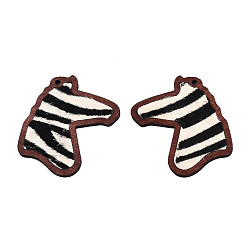 Black Eco-Friendly Cowhide Leather Big Pendants, with Dyed Wood, Horse Head with Zebra Pattern, Black, 53.5x42x3mm, Hole: 2mm