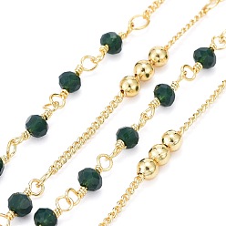 Dark Green Handmade Brass Curb Chains, with Faceted Glass Links, Brass Beads and Spool, Soldered, Long-Lasting Plated, Real 18K Gold Plated, Dark Green, 1.7x1.3x0.4mm, Beads: 3.5x2.5~3mm and 3mm, about 32.8 Feet(10m)/roll