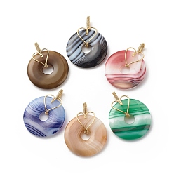 Mixed Color Natural Striped Agate/Banded Agate Pendants, with Real 18K Gold Plated Eco-Friendly Copper Wire Wrapped, Dyed, Donut/Pi Disc Charm with Heart, Mixed Color, 37.5~40x29.5x4mm, Hole: 3x6.5mm