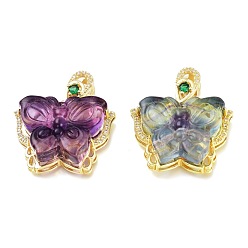 Golden Carved Natural Fluorite Pendants, with Brass Settings, Butterfly, Golden, 28x30x10.5mm, Hole: 4x3.5mm
